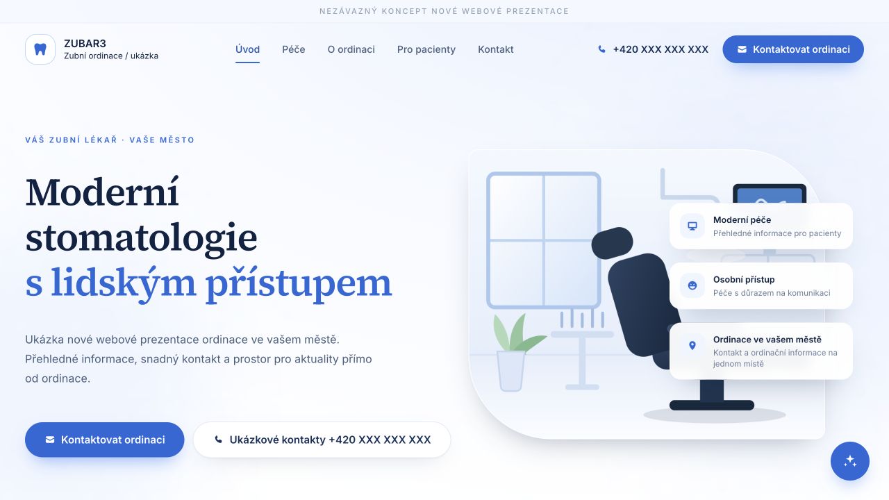 Náhled modrobílého webu ZUBAR3 s ilustrací zubní ordinace